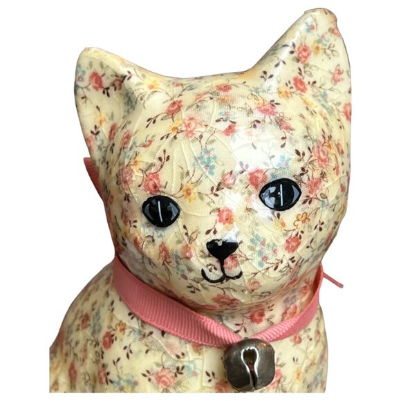 Vtg DECOUPAGE Ceramic CAT Kitten Kitty Floral Cream Fabric Pink Ribbon Bell 6" T - Picture 9 of 15